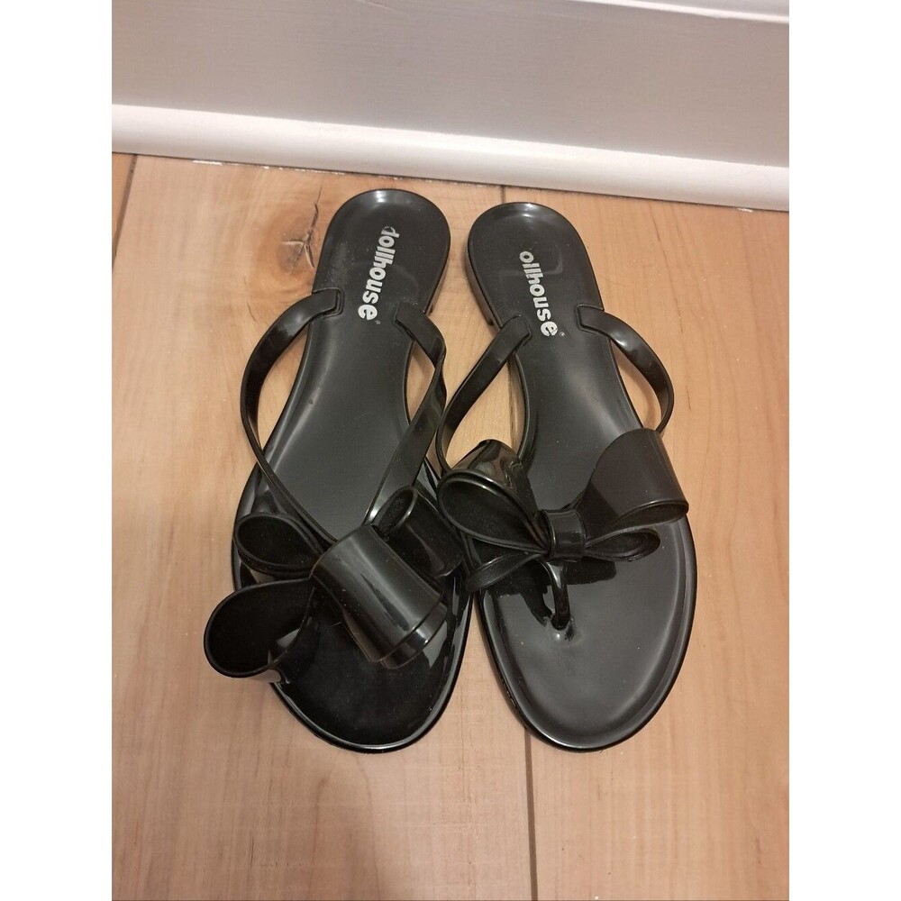Dollhouse Jelly Flip Flops Women's 38 7/7.5 Black Bow Tie Rubber Summer Coquette